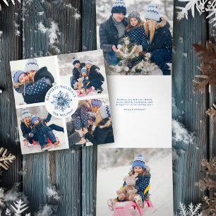 Watercolor Crystal Blue Snowflake Multiphoto Tri-Fold Holiday Card