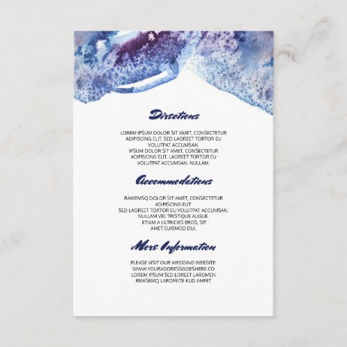 Watercolor Crystal Blue Wedding Information Enclosure Card - Modern indigo blue and purple watercolors wedding directions - accommodations and information cards (guest information, wedding details, wedding reception insert)