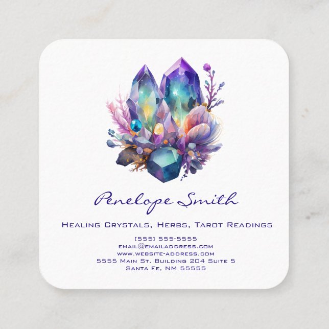 Watercolor Crystals and Flowers Square Business Card (Back)