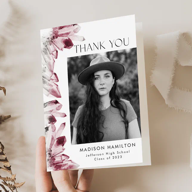 Watercolor Crystals Burgundy Photo Graduation Thank You Card | Zazzle