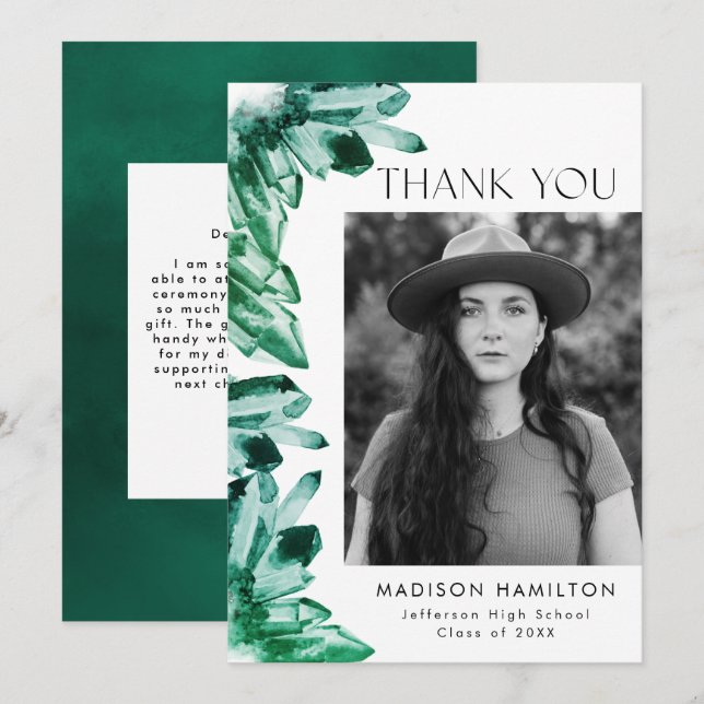 Watercolor Crystals Emerald Green Photo Graduation Thank You Card (Front/Back)