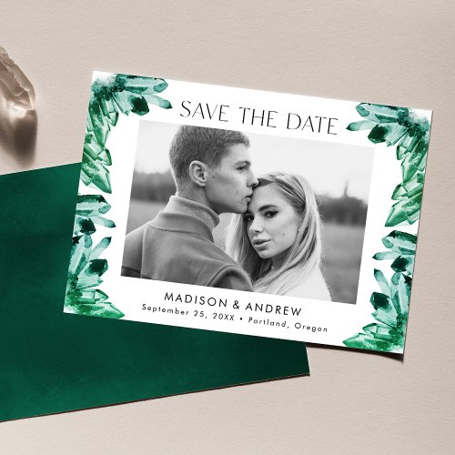Watercolor Crystals Emerald Green Photo Save The Date