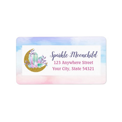 Watercolor Crystals  Gold Crescent Moon Address Label