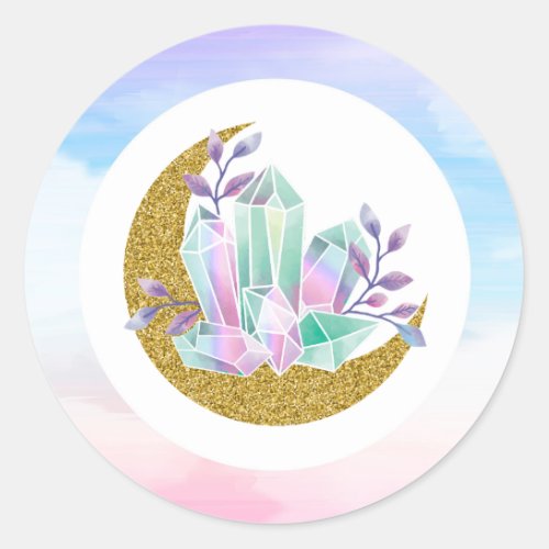 Watercolor Crystals  Gold Crescent Moon Boutique Classic Round Sticker