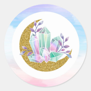 Watercolor Crystals & Gold Crescent Moon Boutique Classic Round Sticker