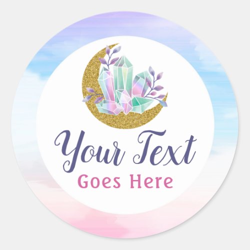 Watercolor Crystals  Gold Crescent Moon Boutique Classic Round Sticker