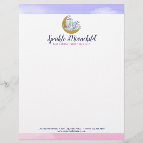 Watercolor Crystals  Gold Crescent Moon Boutique Letterhead