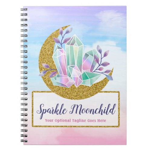 Watercolor Crystals  Gold Crescent Moon Boutique Notebook