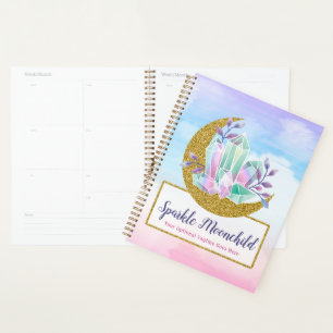 Watercolor Crystals & Gold Crescent Moon Boutique Planner