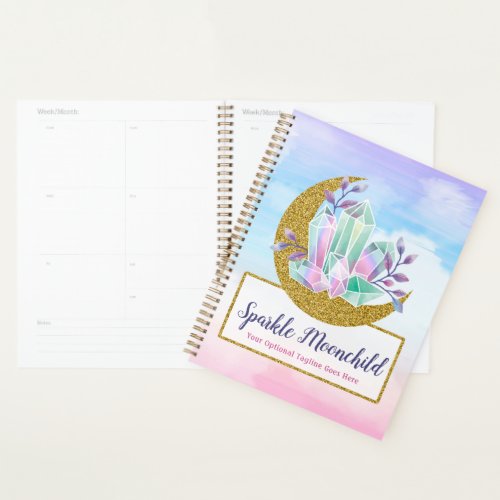 Watercolor Crystals  Gold Crescent Moon Boutique Planner