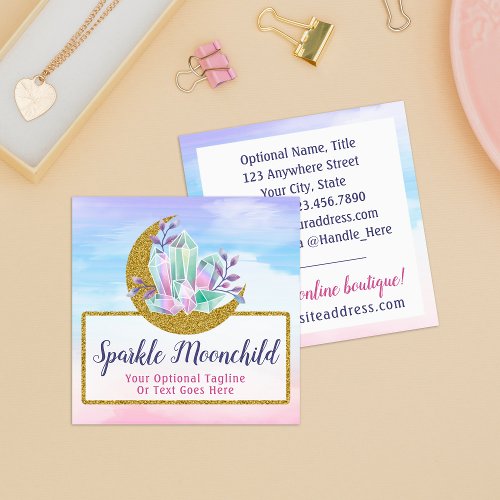 Watercolor Crystals  Gold Crescent Moon Boutique Square Business Card