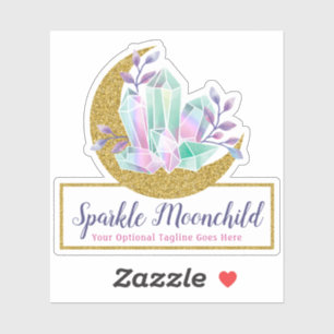 Watercolor Crystals & Gold Crescent Moon Logo Name Sticker