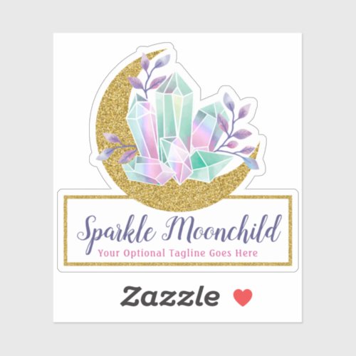 Watercolor Crystals  Gold Crescent Moon Logo Name Sticker