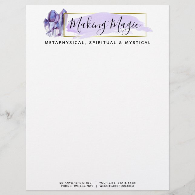 Watercolor Crystals & Gold Geometric Boho Logo Letterhead (Front)