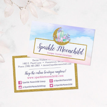 Watercolor Crystals & Gold Moon Social Network Business Card by CyanSkyDesign at Zazzle