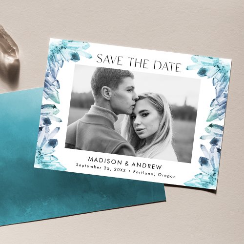 Watercolor Crystals Turquoise Blue Photo Save The Date