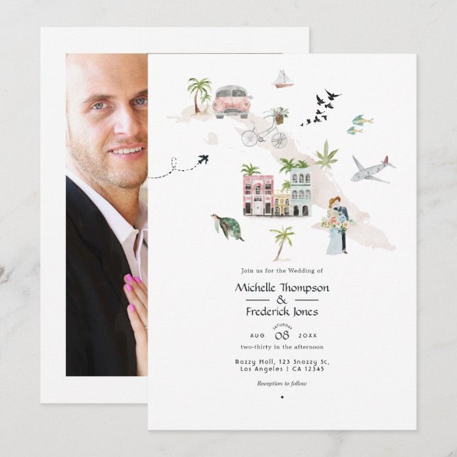Watercolor Cuba Destination Wedding Photo Invitation (Front/Back)