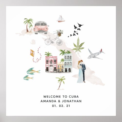 Watercolor Cuba Destination Wedding Welcome Poster