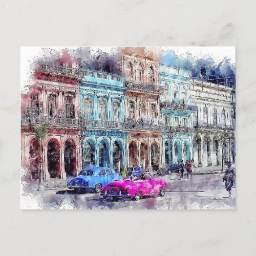 Watercolor Cuba havana vintage car city postcard
