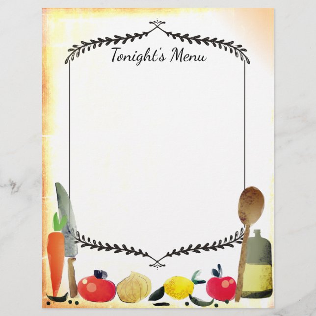 Watercolor culinary dinner party menu letterhead (Front)