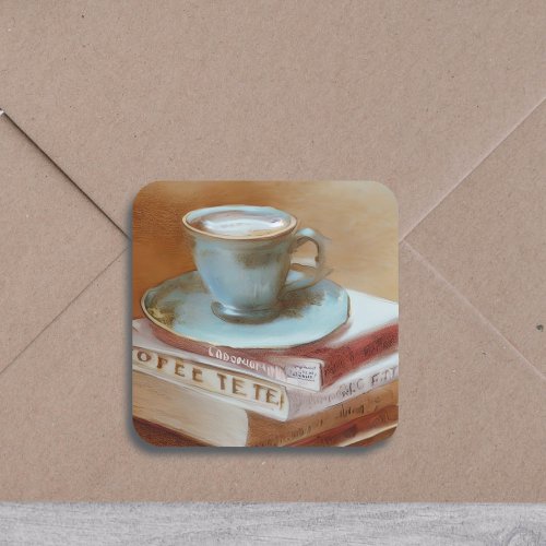 Watercolor Cup of Coffee on Vintage Books Square Sticker