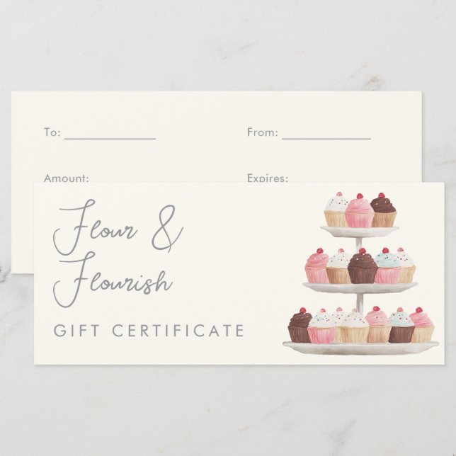 Watercolor Cupcake Bakery Elegant Gift Certificate (Front/Back)