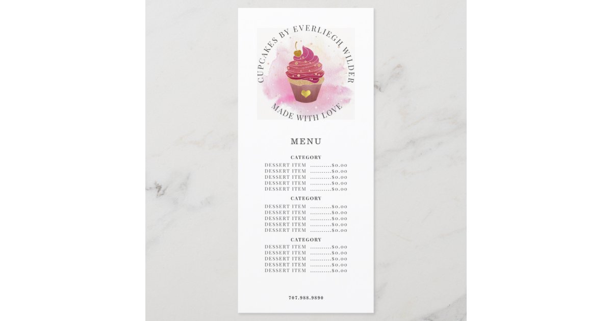 Watercolor Cupcake Bakery Pastry Chef Menu Zazzle