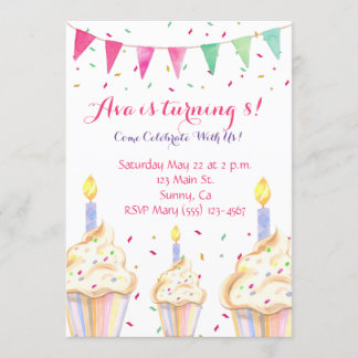 Watercolor Cupcake Birthday Invitation