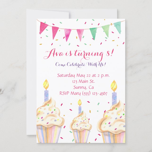 Watercolor Cupcake Birthday Invitation (Front)