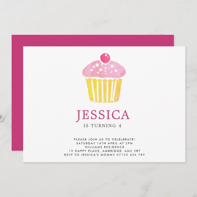 Watercolor Cupcake Birthday Invitation (Front/Back)
