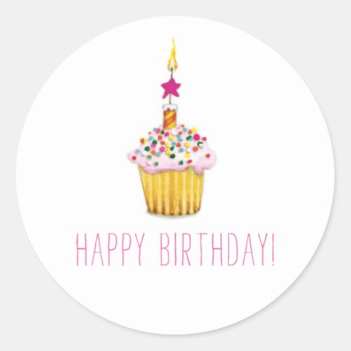 Watercolor Cupcake Happy Birthday Classic Round Sticker