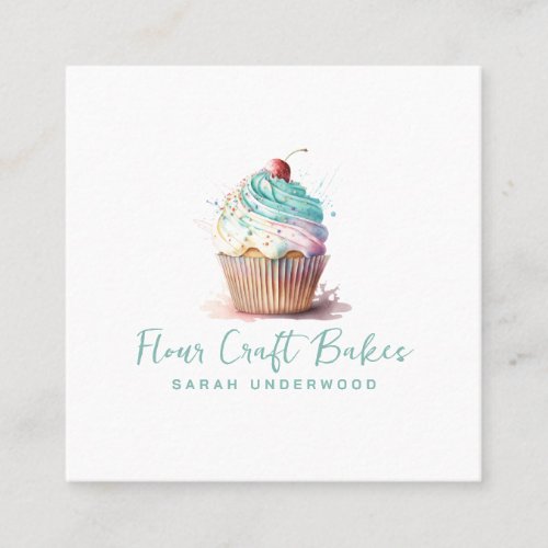Watercolor Cupcake Logo Baker Bakery Pastry Chef Square Business Card