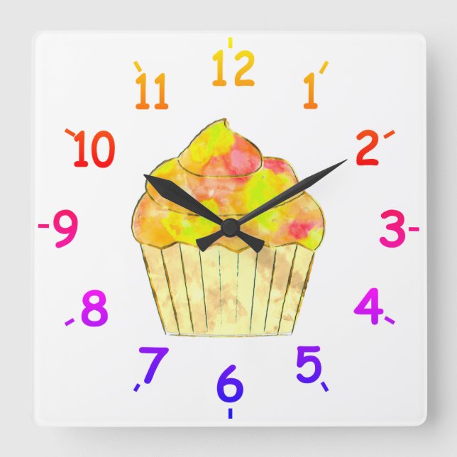 Watercolor Cupcake Painting Square Wall Clock (Front)