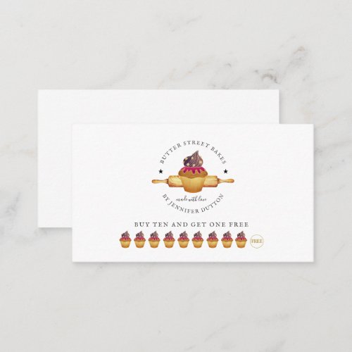 Watercolor Cupcake Rolling Pin Baker Loyalty Card