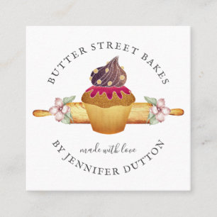 Watercolor Cupcake Rolling Pin Baker Pastry Chef Square Business Card