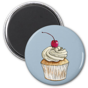 Watercolor Cupcake with Whipped Cream and Cherry Magnet