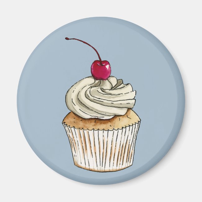 Watercolor Cupcake with Whipped Cream and Cherry