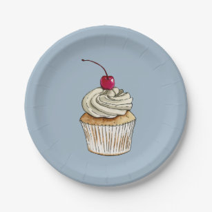 Watercolor Cupcake with Whipped Cream and Cherry Paper Plates