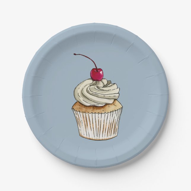 Watercolor Cupcake with Whipped Cream and Cherry Paper Plates (Front)