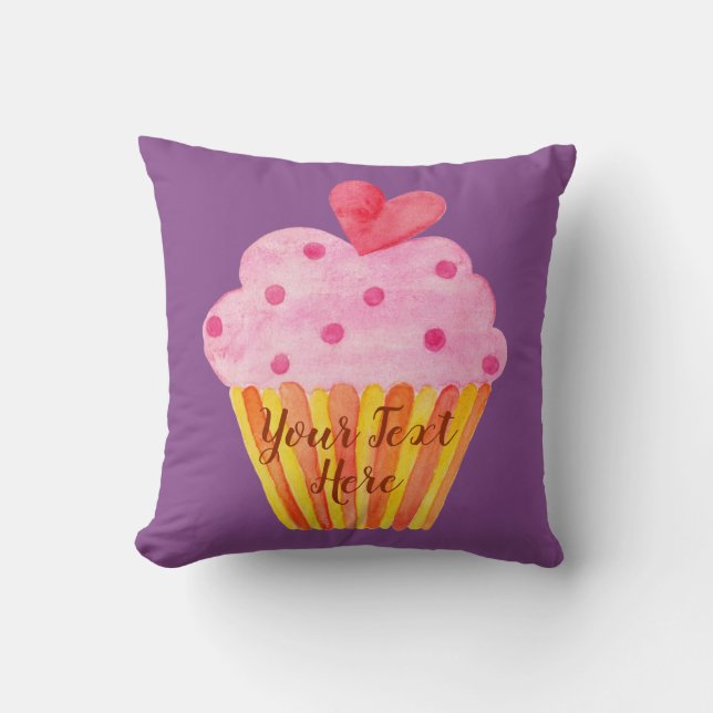 Watercolor CUPCAKE with your own text Throw Pillow (Front)