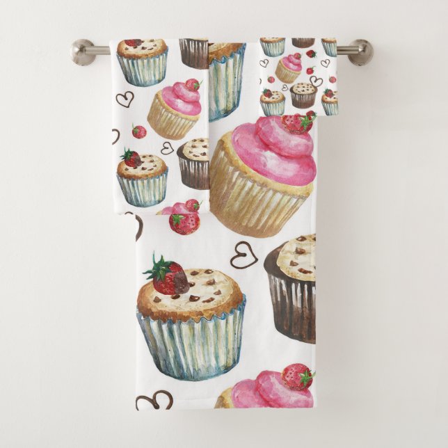Watercolor cupcakes bath towel set (Insitu)