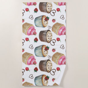 Watercolor cupcakes beach towel