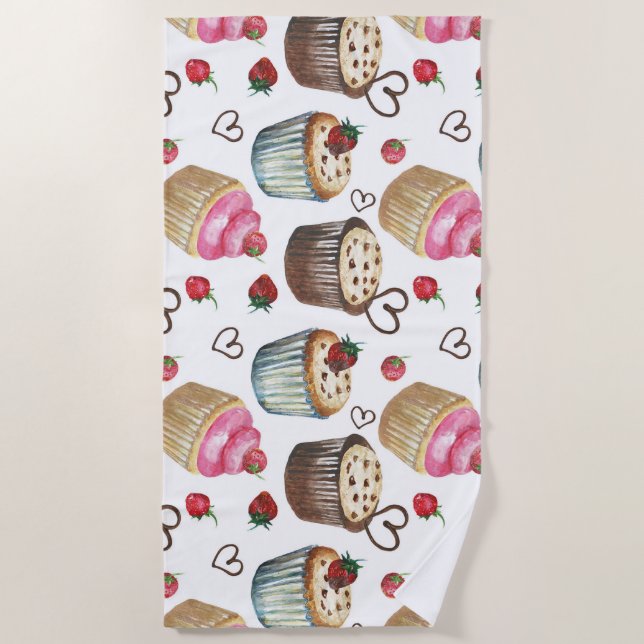 Watercolor cupcakes beach towel (Front)