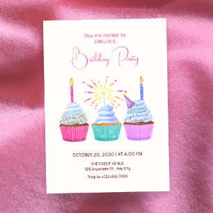 Watercolor cupcakes birthday invitation