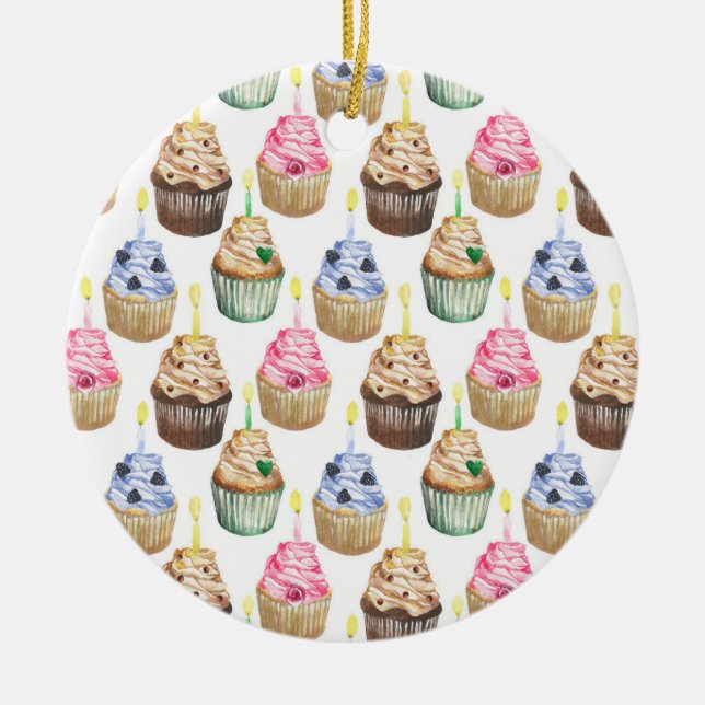 Watercolor cupcakes ceramic ornament (Front)