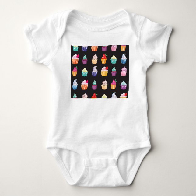 Watercolor Cupcakes: Charming Seamless Background Baby Bodysuit (Front)