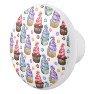 Watercolor cupcakes colorful ceramic knob