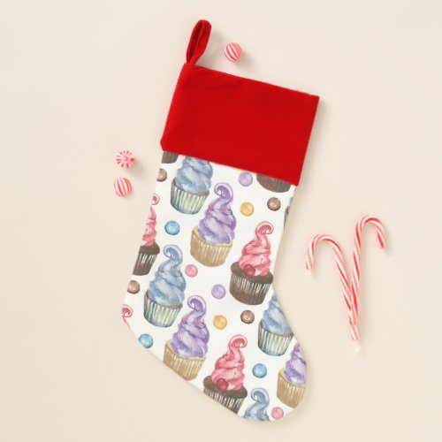 Watercolor cupcakes colorful christmas stocking