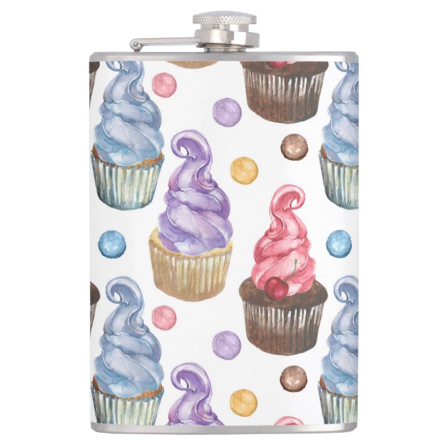 Watercolor cupcakes colorful hip flask (Front)