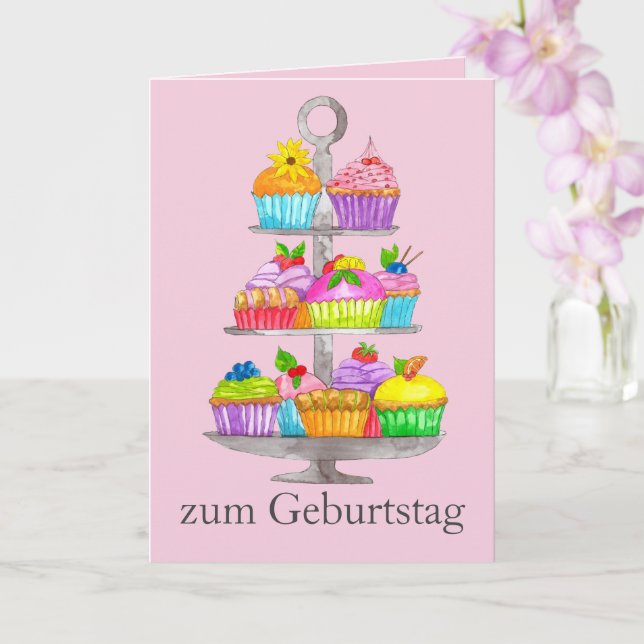Watercolor cupcakes German Birthday Card (Orchid)
